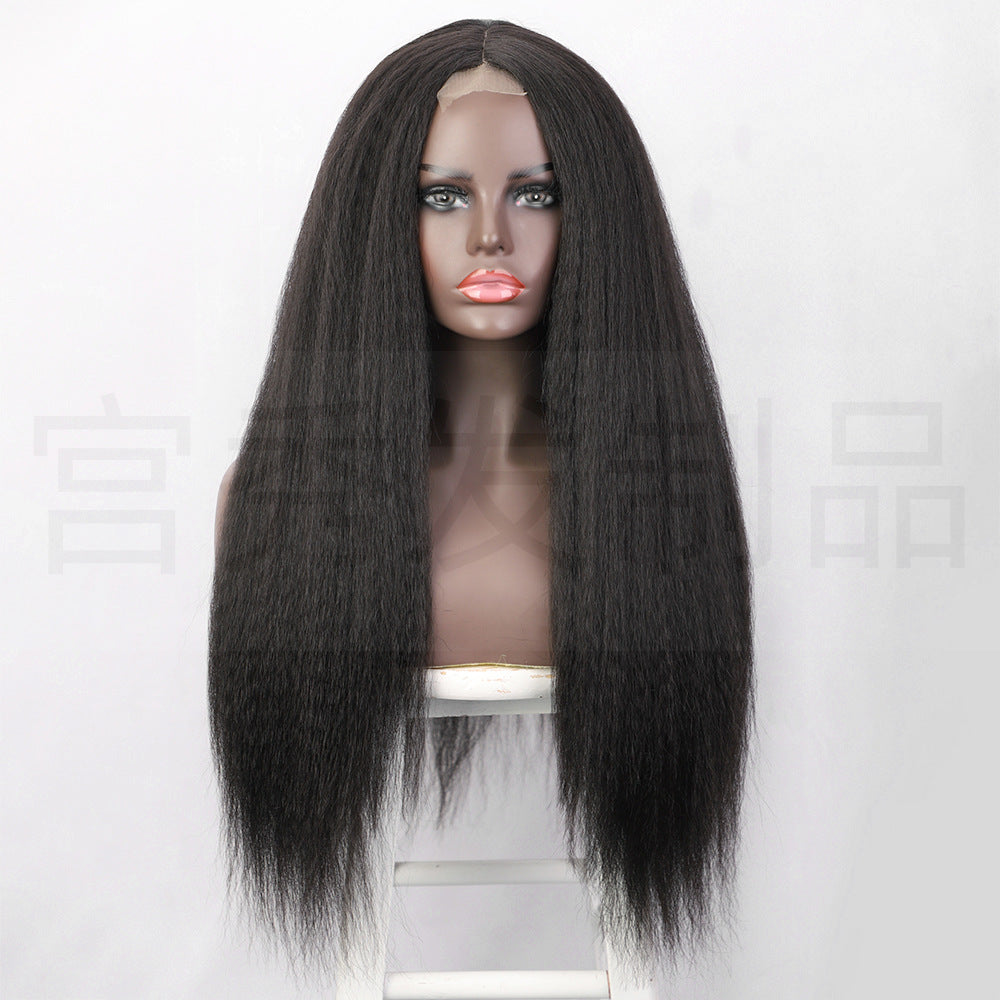 假发欧美女士前蕾丝Yaki假发中分长直发小蕾丝化纤发头套外贸wigs