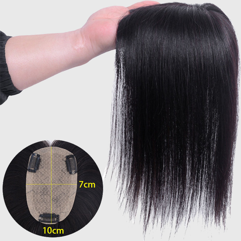 Clip In Human Hair  Silk Base Top Hairpiece, Women Crown Toupee for Thinning Hair Natural Black 7x10cm--مقطع في الشعر البشري قاعدة من الحرير هيربيسي ، شعر مستعار نسائي تاج لترقيق الشعر الطبيعي الأسود 7x10 سم