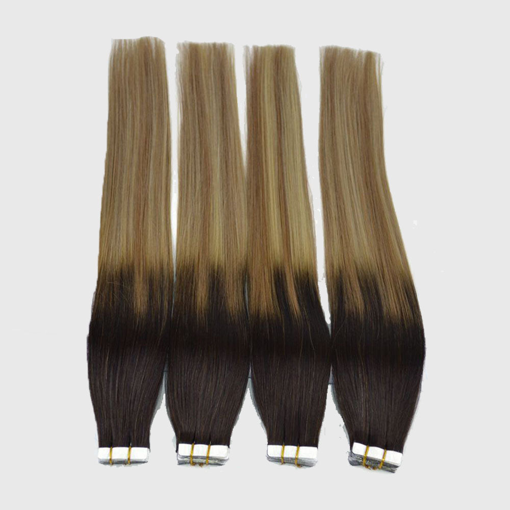 Gradient Long Straight  Seamless Human Hair Tape In Extension, Bark Brown To Blond    شريط شعر بشري متدرج طويل مستقيم غير ملحوم في التمديد ، لحاء بني إلى أشقر