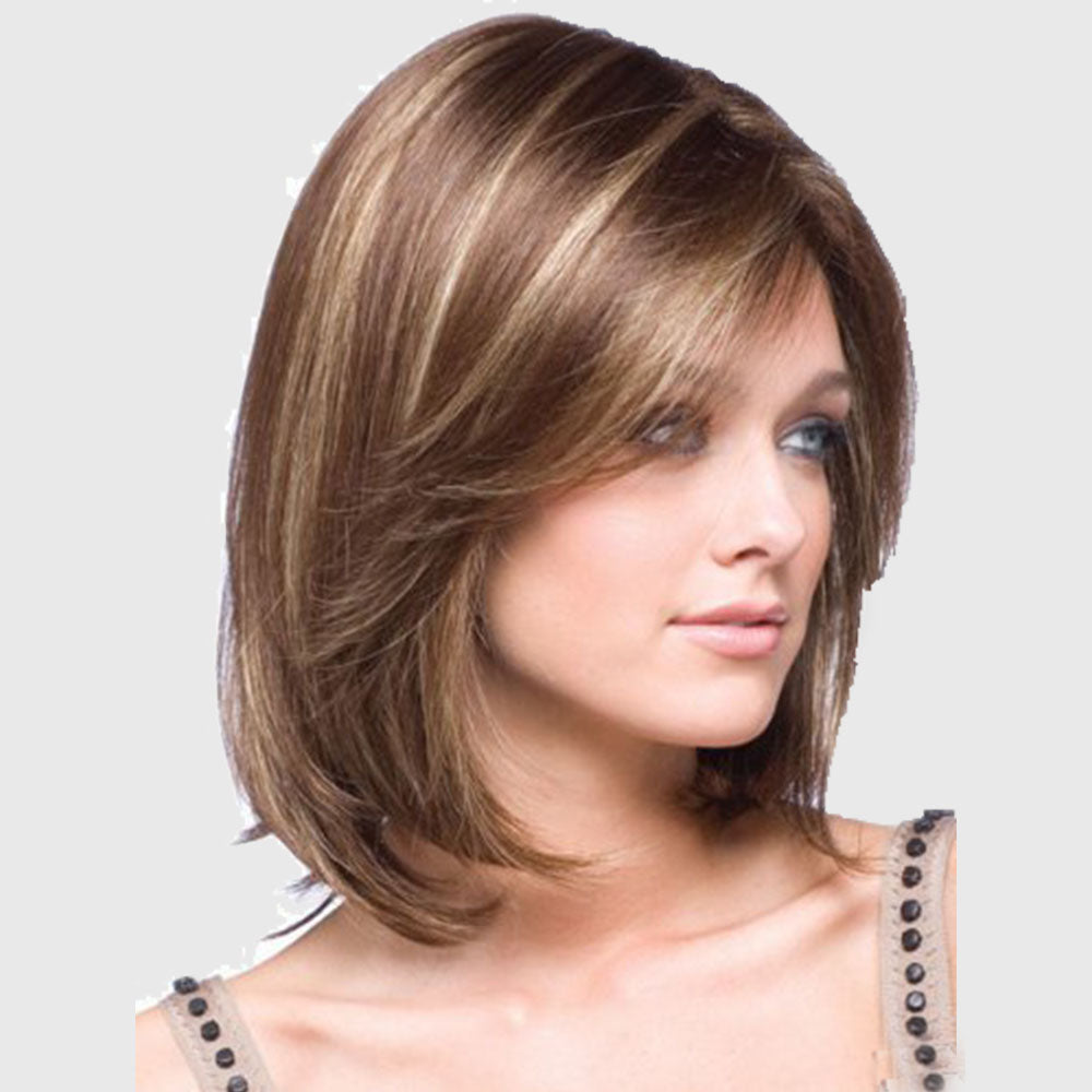 Short Dark Brown Mixed Blonde Straight Synthetic Fiber Wigs for Women-شعر مستعار قصير من الألياف الاصطناعية الأشقر المختلط بني غامق للنساء