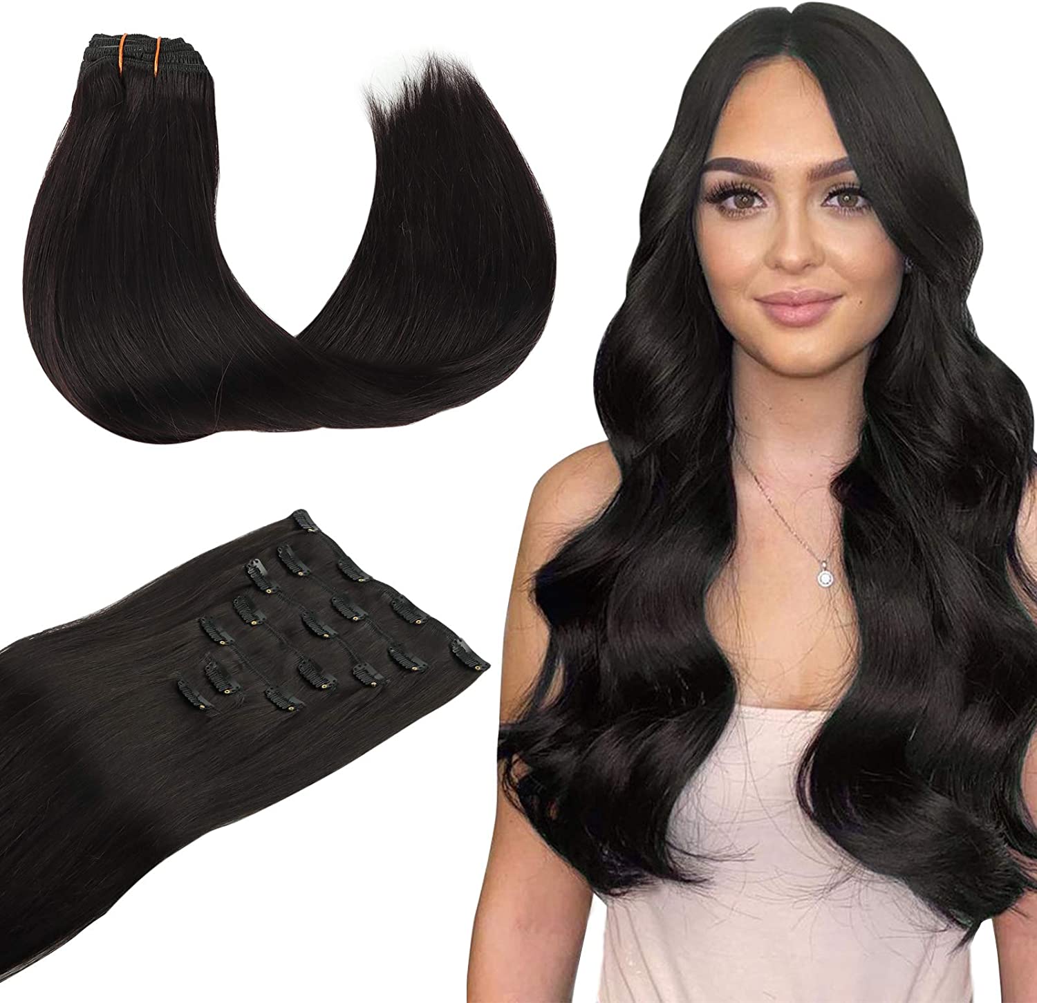  Caliee Clip in Hair Extensions Real Human Hair 14Inch Natural  Invisible Seamless Clip in Human Hair Extensions PU Skin Weft Jet Black  Color for Women Silky Straight 7Pcs 110G 