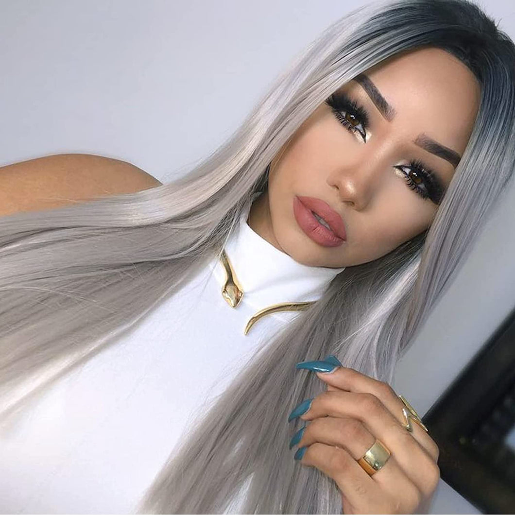Estelle Silver Grey Lace Front Long Straight Synthetic Wigs for Women Half Hand Tide 22
