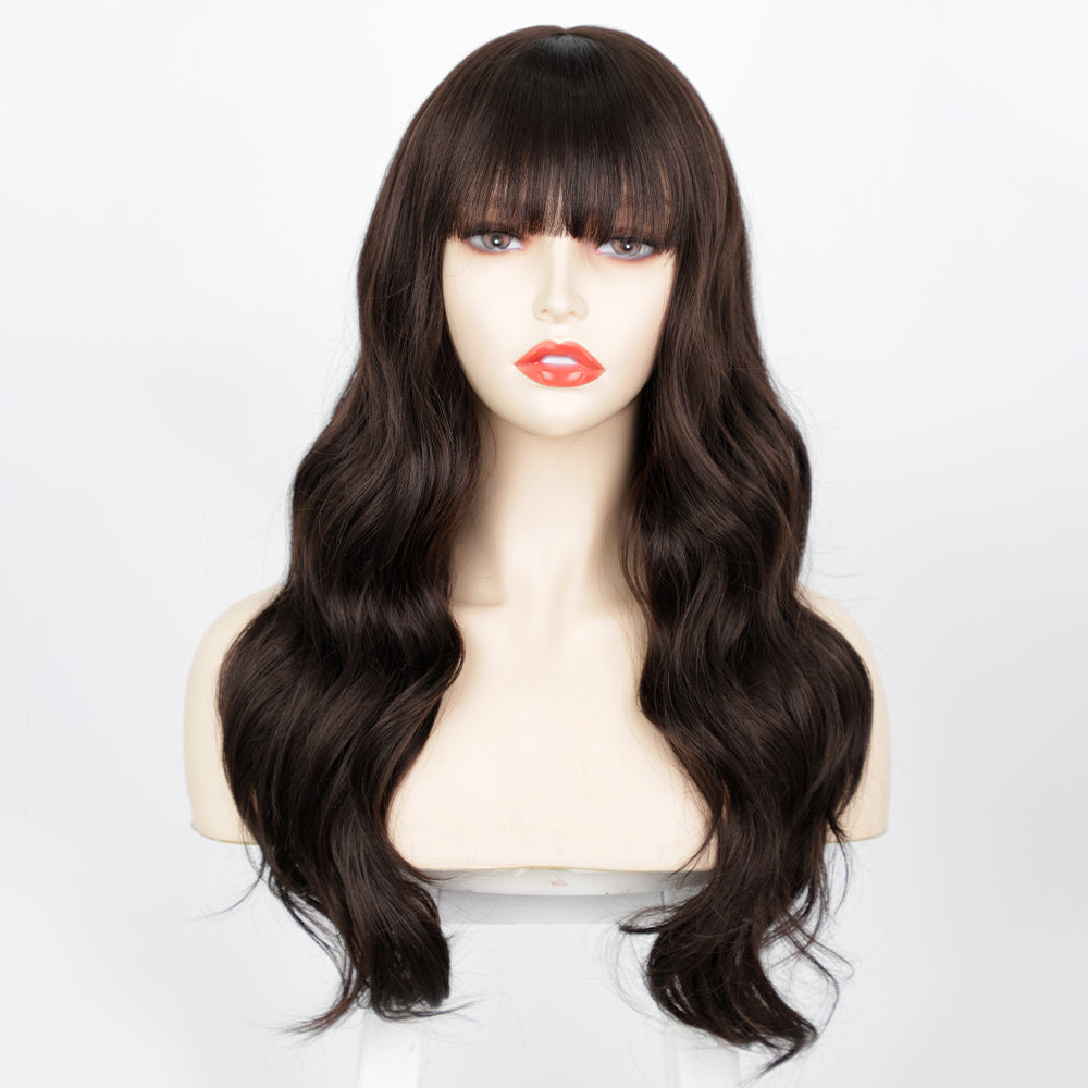 Estelle Long Bodywave Fiber Wig Headgear  With Bangs , Long Curly Hair Brown Wig
