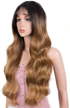 Load image into Gallery viewer, Estelle Long Wavy Lace Front with 13&quot;x2.5&quot; Simulated Scalp Wig 24&#39;&#39; Body Wavy Synthetic Wigs (Ombre Honey Color) دانتيل أمامي طويل مموج من Estelle مع شعر مستعار مقلد لفروة الرأس مقاس 13 × 2.5 بوصة 24 بوصة شعر مستعار صناعي مموج للجسم (لون عسلي متدرج اللون)
