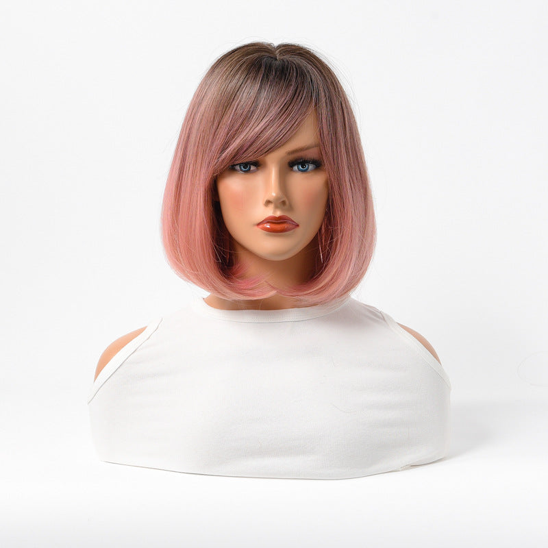 Estelle Cross Border Short Straight Hair BOBO Pink Highlights Female Chemical Fiber Rose Net Wig Gradient Pink