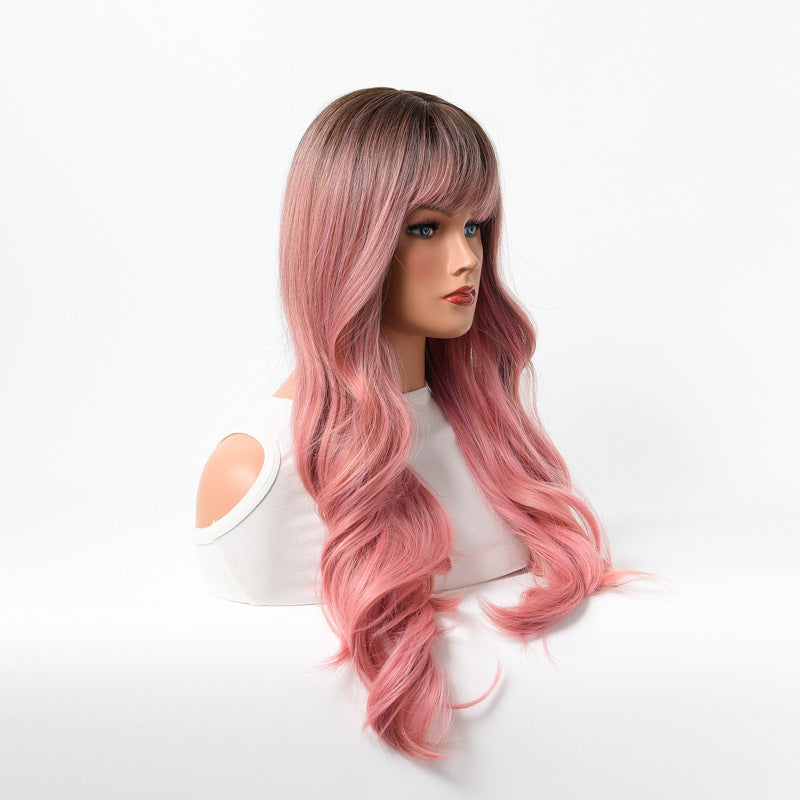 Estelle Wig Female Long Curly Hair Big Wave Medium Long Full Headgear Highlight Pink