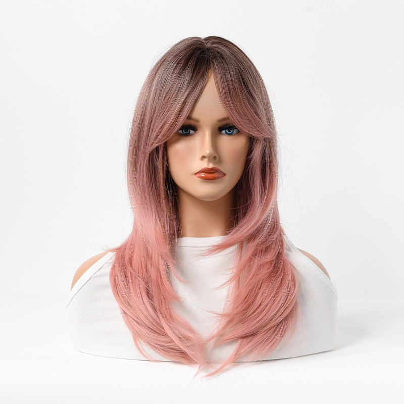 Estelle Full Wig for Heat Resistant Synthetic Wig Natural Long Straight Wig With Bangs Lady Fiber Wig Dark Pink