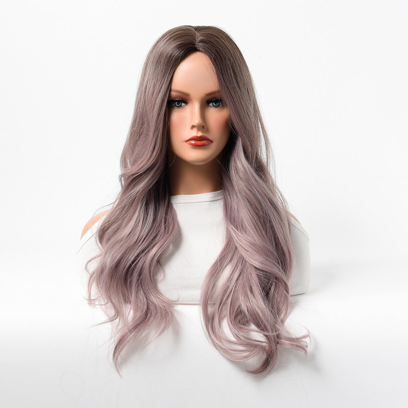 Estelle Wig Female Long Curly Hair Big Wave Medium Long Full Headgear Purple Grey