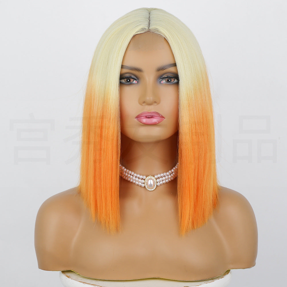 Estelle European and American wig orange gradient short straight hair bob in the middle split lace head suit pretend wig orange wigs