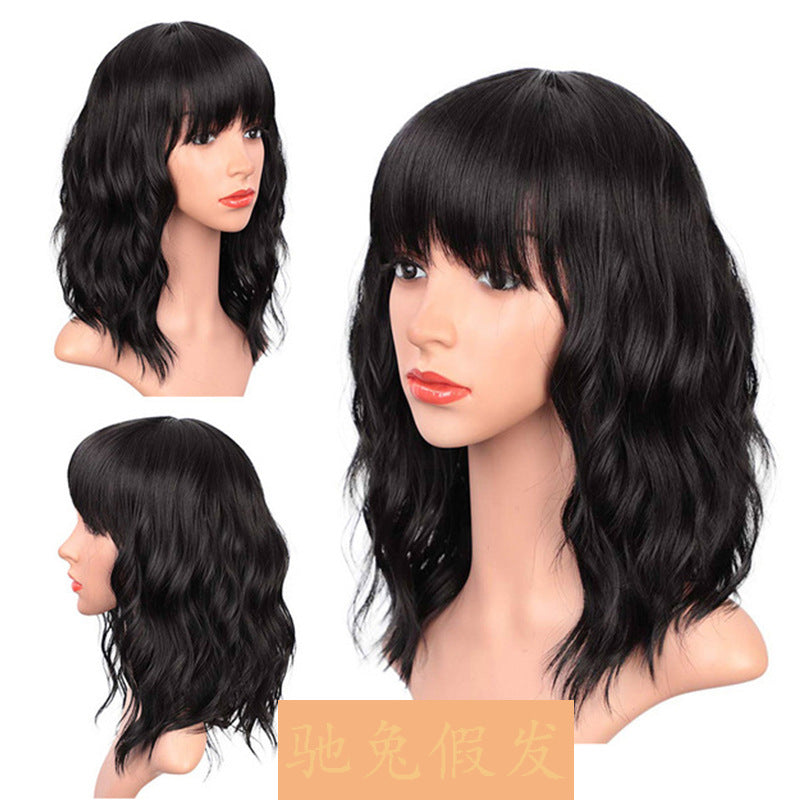 Estelle Short Wavy Wig with Bangs, Middle Length Bob Wigs for Women, Synthetic Natural Looking Heat Resistant Fiber Wigs