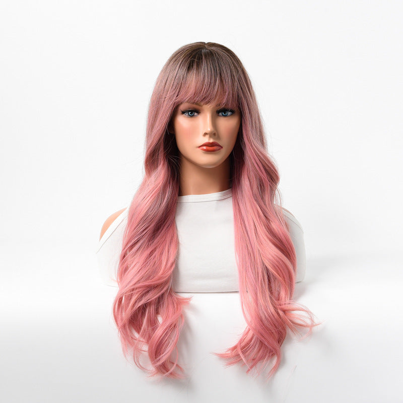 Estelle Wig Female Long Curly Hair Big Wave Medium Long Full Headgear Rogue Pink
