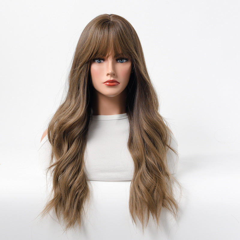 Estelle Wig Female Long Curly Hair Big Wave Medium Long Full Headgear Highlight Light Brown