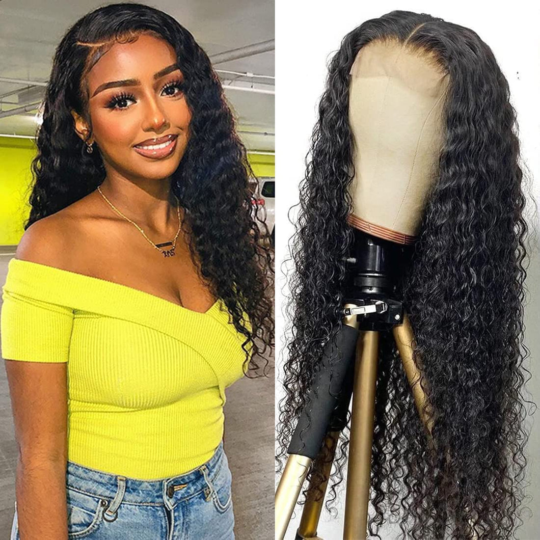 Human Hair water wave Wigs with 13x4 Front Lace -شعر مستعار مموج بشعر طبيعي مع دانتيل أمامي 13x4